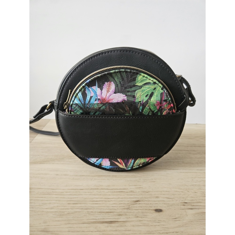 Black Vegan Leather Round Circle Crossbody Bag with Tropical Floral Pouch Purse